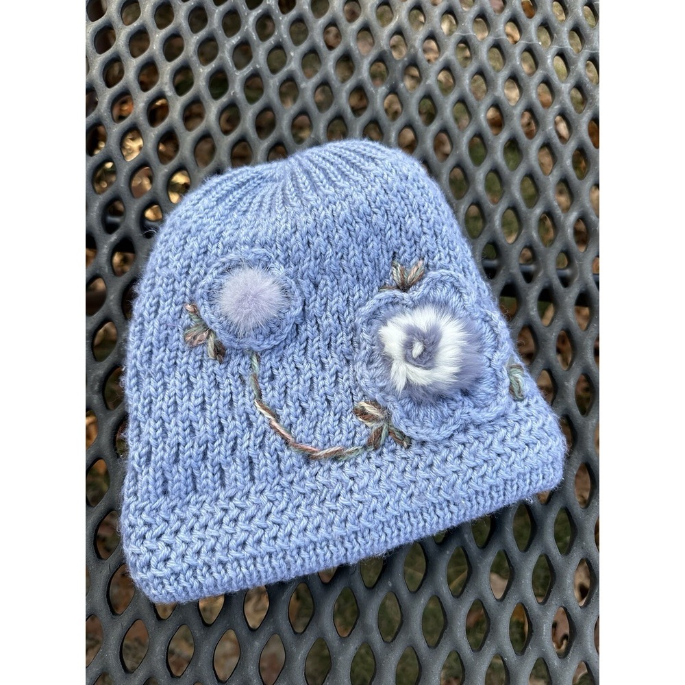 Hand knit Beanie with Knit Lining &‎ Faux Fur Flowers OS Kidcore